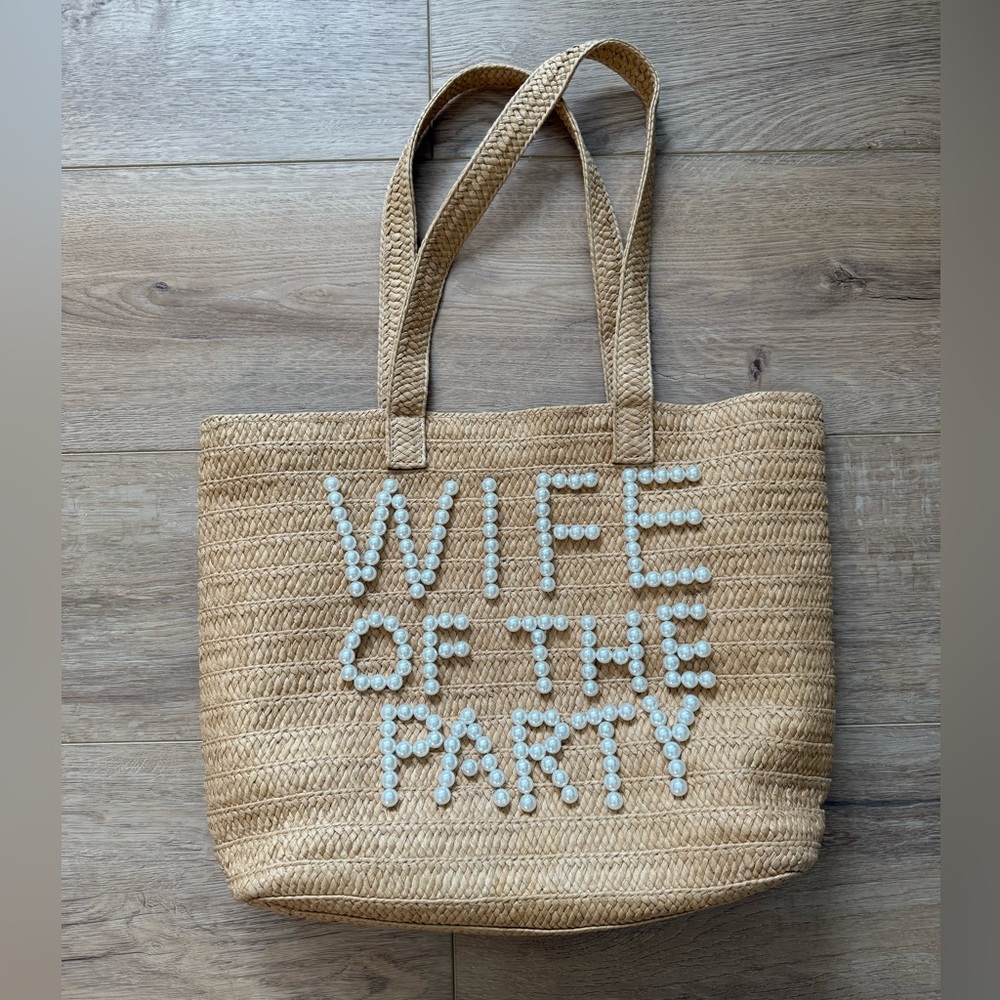 Bride Straw Tote Bag with Pearl Text
